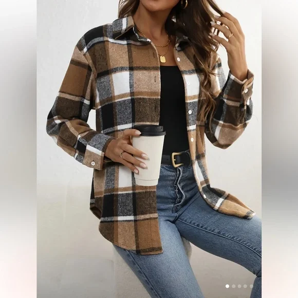 Plaid Button-Up Shirt in Brown and Black - Picture 1 of 5